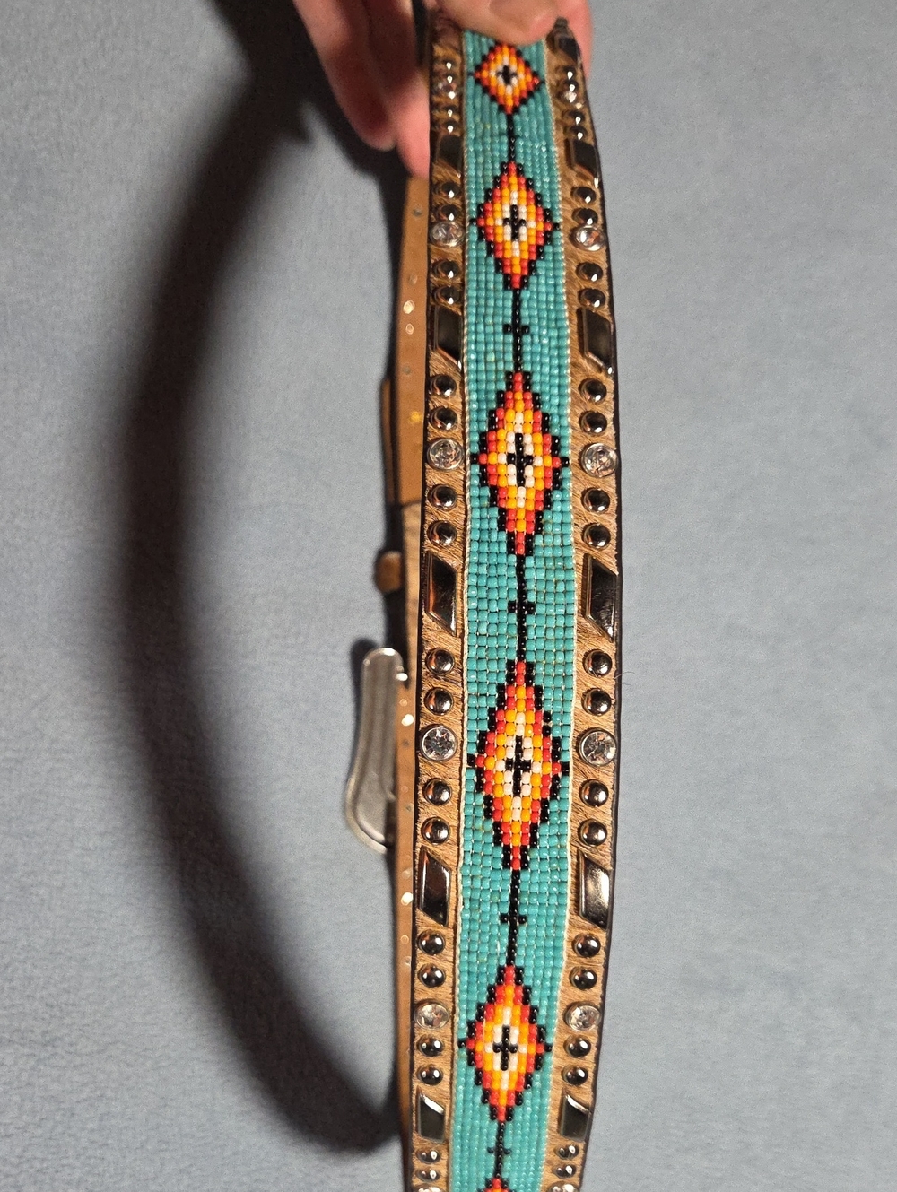Ariat Cowhide, Turquoise Beaded Belt with Multicolor Diamond Motif, Size M